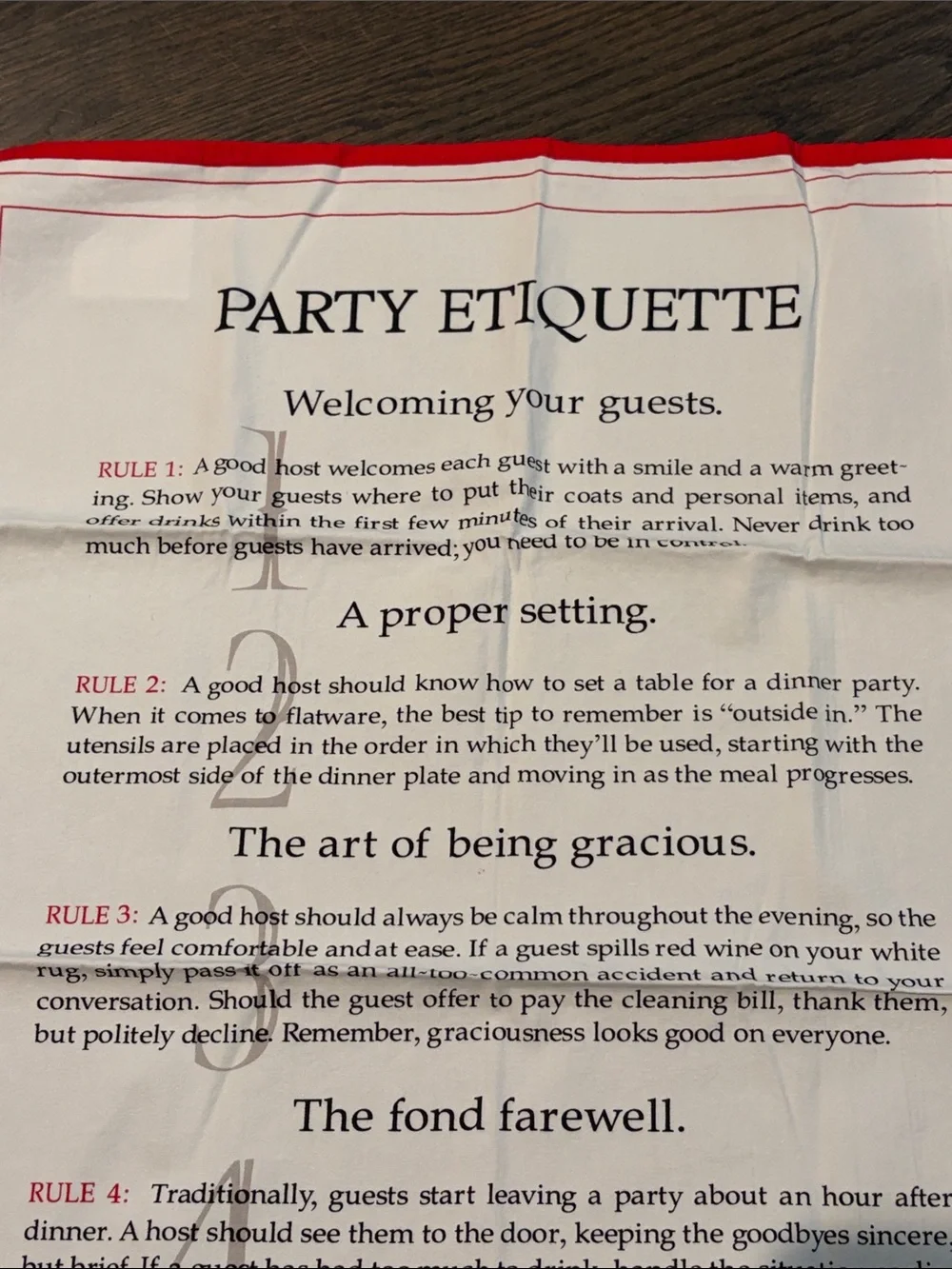 NEW Williams Sonoma Party Etiquette Tea Towel - Red and White